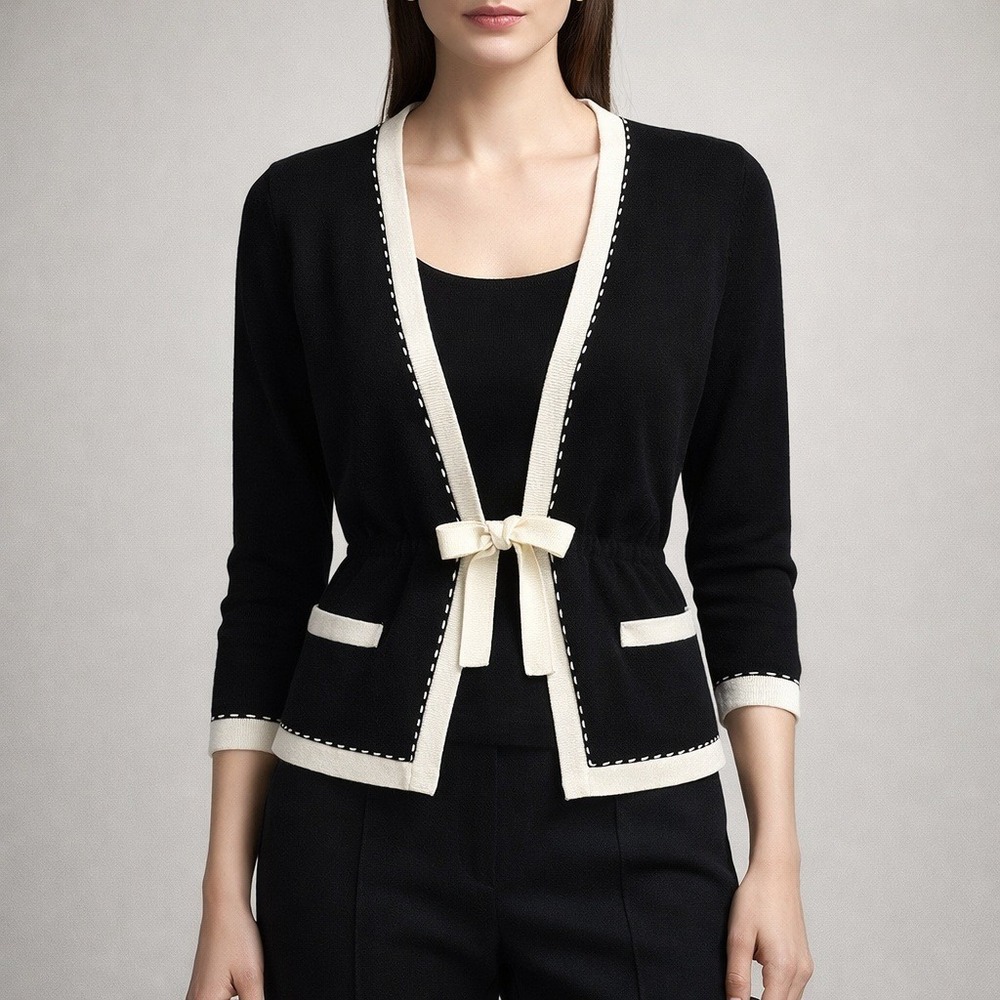 VTG‎ Y2K Componix Tie Front Cardigan Black White Knit Minimalist S HongK